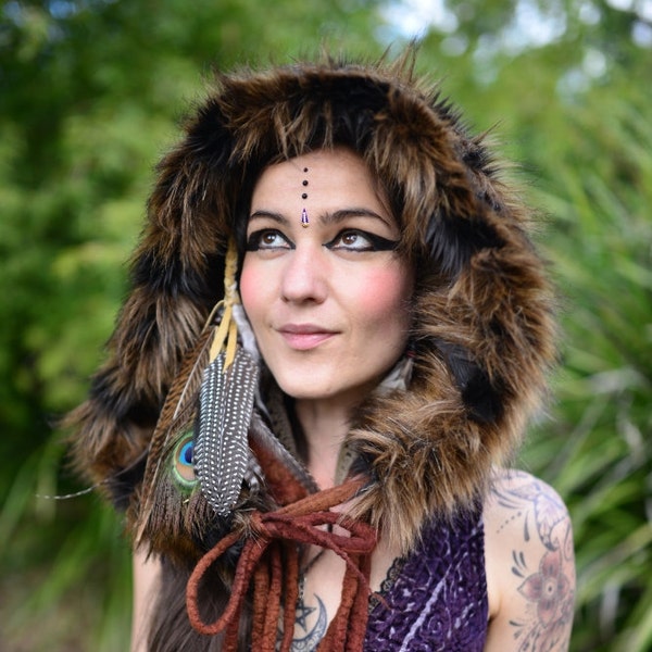 Felt Melted Guardian Princess of the Wolves Lion Wildling Tribal Scoodie Fur Trimmed Pixie Hooded Hat OOAK