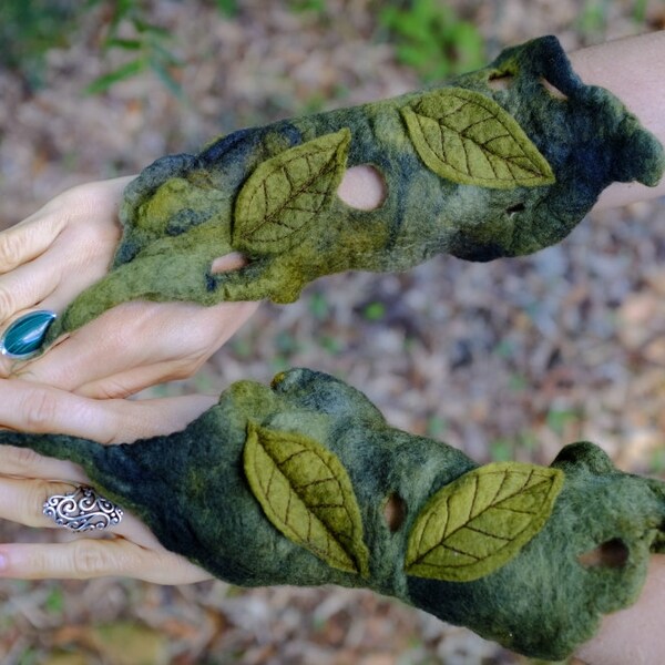 Felt Melted Pixie Woodland Fairy Matching Moss Arm Cuffs With Leaves OOAK