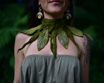 Felt Leaf Necklace-Neck Piece-Leaf Choker-Woodland Costume-Fairy Necklace-Felt Leaf Adornment-Wearable Art-Fairy Costume- Tree Costume OOAK