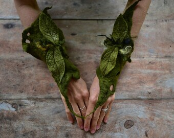 Felt Forest Leaf Wrist Cuffs-Wrist Cuffs-Felt Arm Cuffs-Fantasy Costume-Fairy Costume-Woodland Leaf Costume-Leaf Cuffs-Leaf OOAK