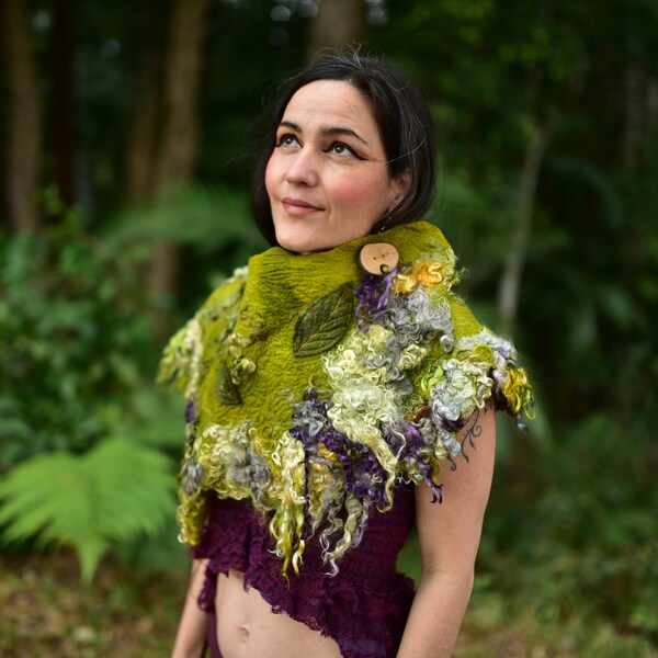 Fieltro Cuello de Hada Calentador-Hoja Natural Capucha-Fieltro Mohair Bufanda-Lana Cuello Más Cálido-Fieltro Lana Capucha-Fieltro Chal-Fantasía Disfraz-Woodland Shawl OOAK