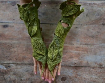 Felt Cuffs-Forest Gloves-Fairy Woodland Leaf Bracelets-Pointed Pixie Cuffs-Matching Wrist Cuffs-Arm Warmers-Fairy Costume-Tree Costume OOAK