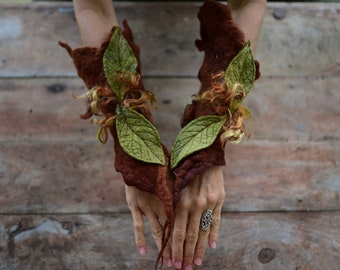 Felt Forest Leaf Wrist Cuffs-Wrist Cuffs-Felt Arm Cuffs-Fantasy Costume-Fairy Costume-Woodland Leaf Costume-Leaf Cuffs-Leaf OOAK