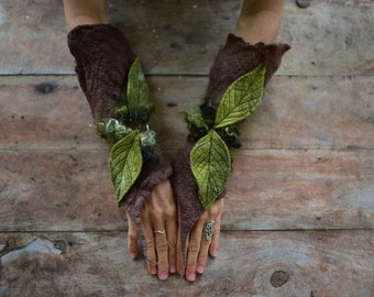 Felt Forest Leaf Wrist Cuffs-Wrist Cuffs-Felt Arm Cuffs-Fantasy Costume-Fairy Costume-Woodland Leaf Costume-Leaf Cuffs-Leaf OOAK