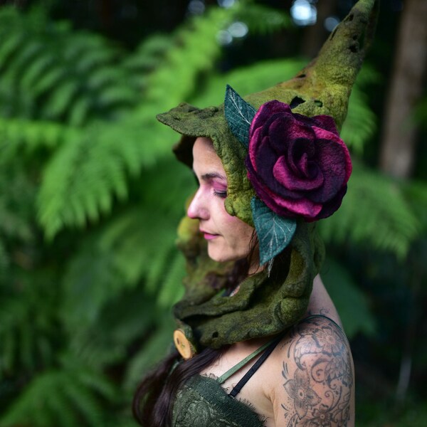 Felt Flower Hat-Woodland Head Wear-Pixie Hood-Bonnet-Fairy Costume-Woodland Pixie Hat-Festival Wear-Burning Man-Performance Costume OOAK