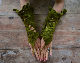 Felt Cuffs-Forest Gloves-Fairy Woodland Tree Root Bracelets-Pointed Pixie Cuffs-Matching Cuffs-Arm Warmers-Fairy Costume-Tree Costume OOAK