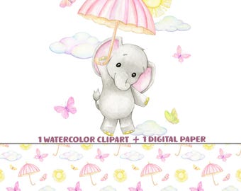 Pink Elephant digital paper, elephant clipart watercolor baby elephants umbrella illustration, nursery baby paper, baby fabric, for girl