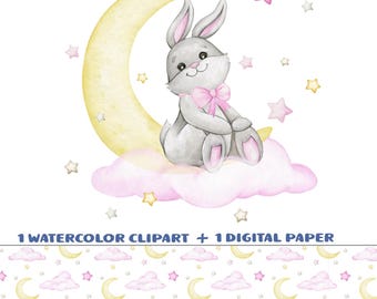 bunny moon clipart digital paper baby girl nursery decor sublimation DIY design