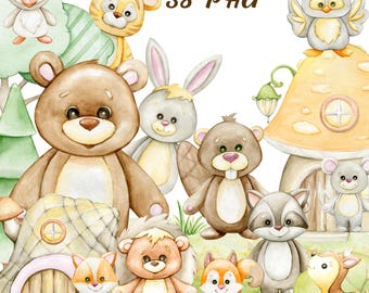 Woodland animals forest animal. watercolor clip art, Baby Shower, bear, fox, owl, hedgehog, woodpecker, bunny, raccoon, beaver, deer