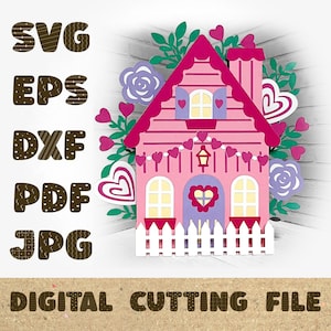 Tarjeta de cabaña de San Valentín Tarjeta de San Valentín SVG 3D Papercut SVG Archivo de corte de tarjeta Cricut Silhouette DIY