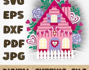 Valentine's Cottage Card Valentine's Day Card SVG 3D Papercut SVG Card Cut File Cricut Silhouette DIY