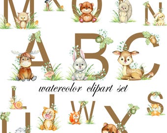 Woodland Pink Alphabet Watercolor Clipart, Animal Letter clipart, Cute watercolor alphabet for Invitation design, Blush pink Craft Supplie