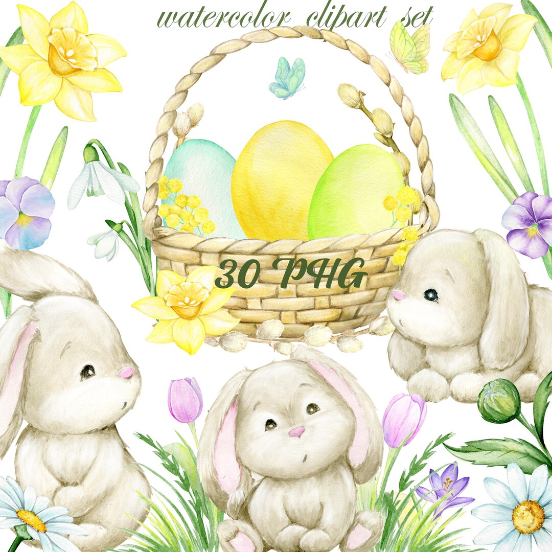 Bunny Clipart Spring Watercolor Cute Easter Cottagecore Commercial Use ...