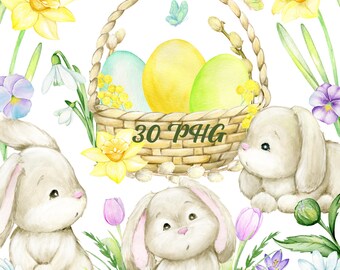 Bunny Clipart Spring Watercolor Cute Easter Cottagecore Commercial Use Birthday Party Baby Shower Wildflowers Sublimation PNG