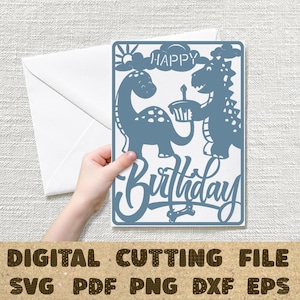 Dinosaurier Pop Up Box Geburtstagskarte Vorlage 3D Papierschnitt SVG Karte Cricut Silhouette DIY Postkarte schneiden auf einem Plotter und einem Laser.