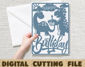 Dinosaur Pop Up Box Birthday Card Template 3D Papercut SVG Card Cut File Cricut Silhouette DIY postcard cutting on a plotter and a laser.