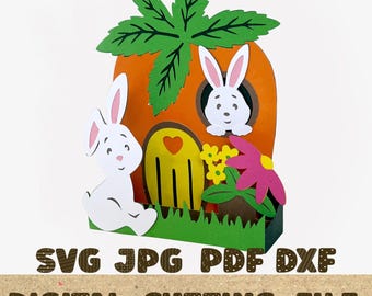 Bunnies Easter Holding cute animals Carrot Card 3D Papercut SVG Card Cut File Cricut Silhouette DIY