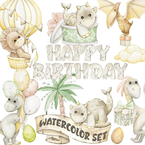 Aquarell Dinosaurier Clipart, neutrale Baby Junge und Mädchen Clip Art, Dekor Kinderzimmer, Textilien, Postkarte, Einladungen, Druck