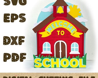 3D Schoolhouse Pop Up Card SVG, Back to School Papercraft Template, Welcome to School Gift Box, Classroom Desk Decoration, Digital Download