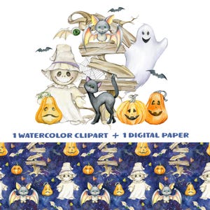 May include: Watercolor illustration featuring Halloween-themed characters. Includes a scarecrow, ghost, black cat, pumpkins, and bats. A wooden sign and a bat are also present. The image has the text "1 WATERCOLOR CLIPART + 1 DIGITAL PAPER".