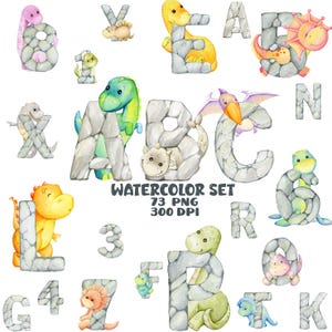 Lindas letras de acuarela de dinosaurios, alfabeto de dinosaurios, números, clipart, alfabeto animal, letras de números imprimibles, bebé niña niño, textura de piedra PNG