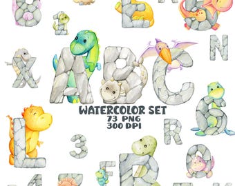 Cute Dinosaurs watercolor letters Dino alphabet numbers clipart animal alphabet, printable numbers letters. baby girl boy, stone texture PNG