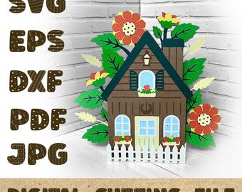 flowers Cottage Box Card Template 3D Papercut SVGA Card Cut File Cricut Silhouette DIY