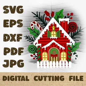 Gingerbread Cottage kerstkaart 3D-papier gesneden SVG-kaart gesneden bestand Cricut silhouet DIY pop-upkaart SVGA
