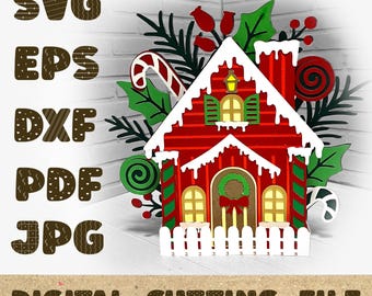 Gingerbread Cottage Christmas Card 3D Paper cut SVG Card Cut File  Cricut Silhouette DIY Pop Up Card SVGA