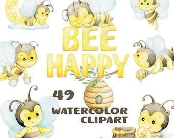 Biene Aquarell Clipart, Biene Clip Art, Kinderzimmer Dekor, Baby-Dusche, Baby Wand Kunst handgezeichnete Clipart
