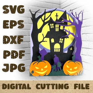 Halloween 3D Papercut SVG kaart gesneden bestand spookhuis doos kaartsjabloon Cricut silhouet DIY