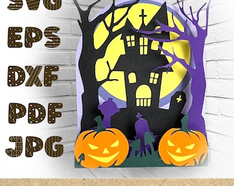 Halloween 3D Papercut SVG Card Cut File Haunted House Box Card Template  Cricut Silhouette DIY