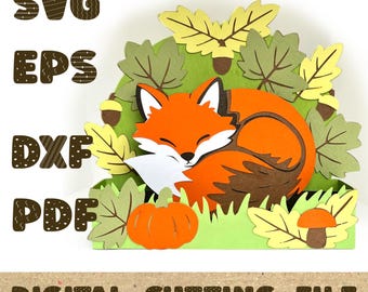 3D Fox Pop Up Card SVG, Autumn Layered Shadow Box Papercut, Fall Fox Laser Cut File, Thanksgiving Greeting Card Cricut, Silhouette DXF