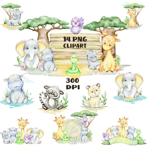 Animales de la jungla, acuarela. Animales lindos de safari salvaje, imágenes prediseñadas para niños, tema de safari, elefante, loro, cebra, mono, jirafa, PNG
