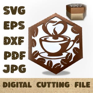 May include: Digital cutting file for a coffee cup design. The design features a coffee cup with steam rising from it, surrounded by coffee beans. The file is available in SVG, EPS, DXF, PDF, and JPG formats. DIGITAL CUTTING FILE