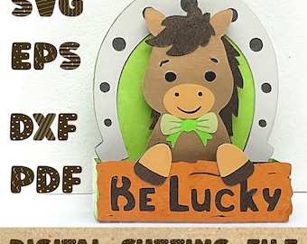 Cute Pony SVG for Cricut, Layered Horse 3D Card Cut File, Western Theme Kids Crafts Project, Be Lucky Horseshoe Standing Papercraft Layout