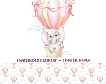 Elephant Pink balloon digital paper, elephant clipart watercolor baby elephants balloon illustration, nursery baby paper, baby elephant