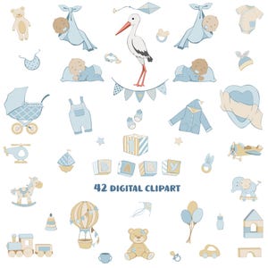 Bebé, clipart de guardería. Clipart de baby shower de cigüeña. Cigüeña con bebé. BEBÉ, bebé recién nacido, conjunto de imágenes prediseñadas digitales