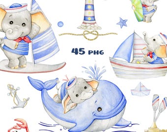 Elehpant Whale beach summer watercolor clipart, little animal, nursery decor, baby wall art, baby shower