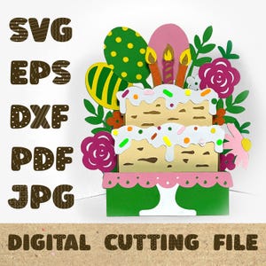 Modelo de cartão de caixa de bolo de aniversário flores balões velas 3D Papercut SVG arquivo de corte de cartão Cricut Silhouette DIY