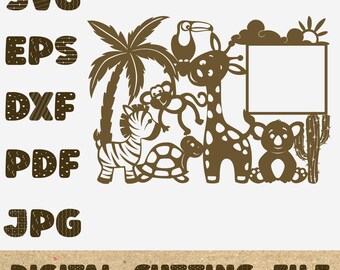 Tropical animals photo frame SVG for baby girl or boy shadowbox, perfect DIY baby shower gift, Cricut-friendly paper craft cut file
