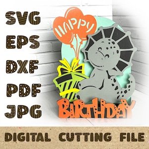 Arquivo de corte de cartão de aniversário de dinossauro Corte de animais de dinossauro 3D Papercut SVG Cartão de corte Arquivo de corte | Cricut Silhouette DIY