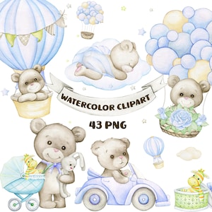 Clipart aquarelle ours en peluche pour garçon, clipart aquarelle baby shower, clipart ours en peluche bleu, ours en peluche vintage, clipart mignon nounours