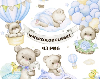 Puede incluir: Conjunto de clipart de acuarela con osos marrones lindos en varias escenas. Los osos sostienen un conejito, conducen un automóvil azul, viajan en un globo aerostático y duermen en una nube. El conjunto también incluye un globo aerostático, un cochecito, una cesta de flores y una nube. El texto "Watercolor Clipart 43 PNG" está incluido en la imagen.