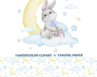 bunny digital paper, bunny clipart watercolor baby bunny moon illustration, nursery baby paper, baby elephant fabric, bunny scrapbook boy