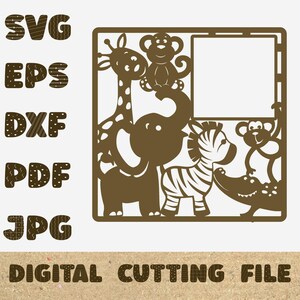 May include: A digital cutting file featuring a brown giraffe, elephant, zebra, crocodile, and monkey. The animals are arranged in a square frame with a blank space in the center. The text "DIGITAL CUTTING FILE" is at the bottom of the image.