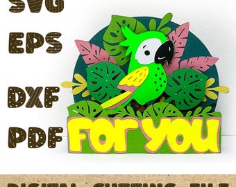 3D Parrot Pop Up Card SVG, Tropical For You Shadow Box SVG, Jungle Papercraft Template for Cricut and Silhouette, 3D Layered Paper SVG