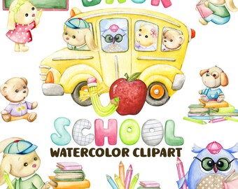 Back to School watercolor clipart, cute  animals, owl teacher, animals graphics, School bus, text, apple, School stationery pencils, books