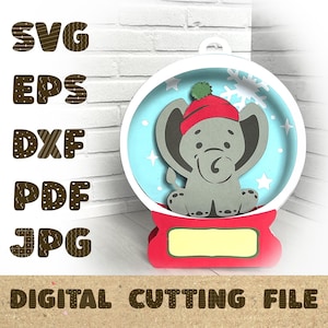 Plantilla de tarjeta de caja emergente con forma de elefante navideño Animales de la jungla 3D Papercut SVG Archivo de corte de tarjeta Cricut Silhouette DIY