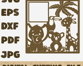tropical animals Photo Frame SVG, Baby girl shadowbox, Baby boy, Baby Shower Gift DIY, Frame Cricut, Frame Cut File, Paper Craft